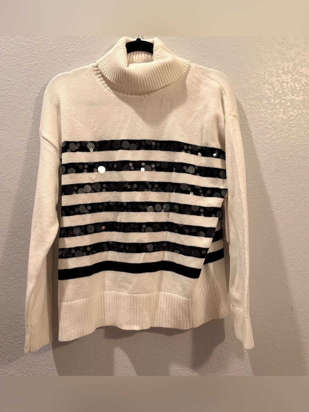 Calligraphie Ivory/Black Striped Sequin Turtleneck Pullover Sweater, NWT, Size M